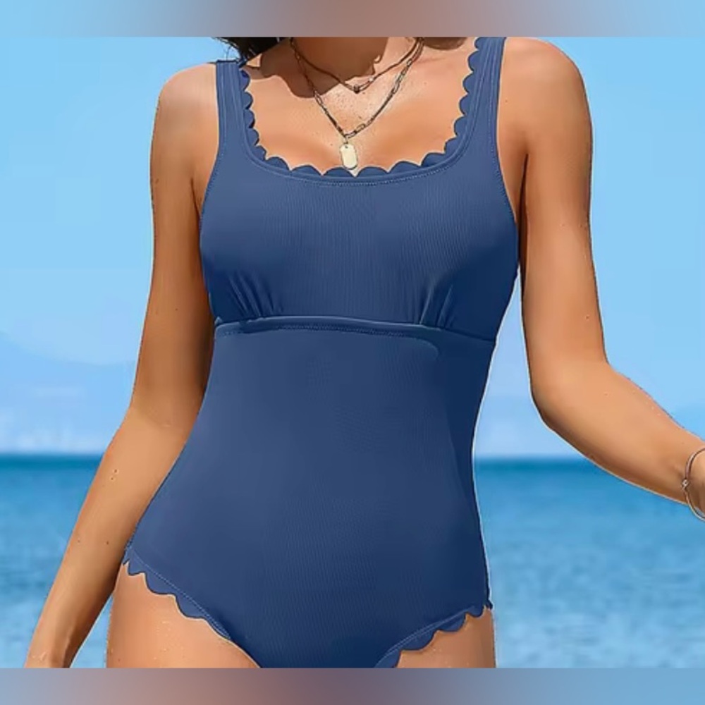 NWT Charmo Blue Scoop Neck Wide Strap Ribbed One Piece Swimsuit Size M